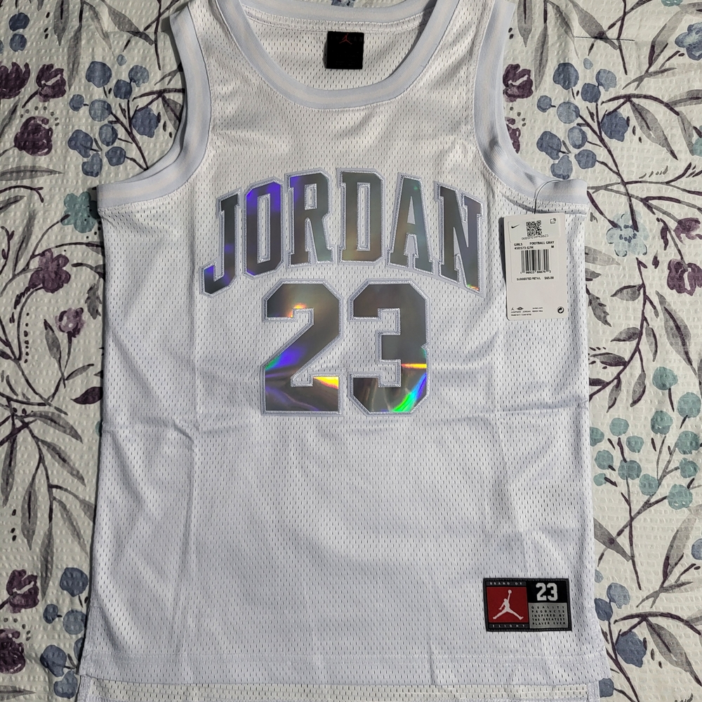 NEW JORDAN Jersey, Authentic, Girls MEDIUM, White/Silver #23 $65